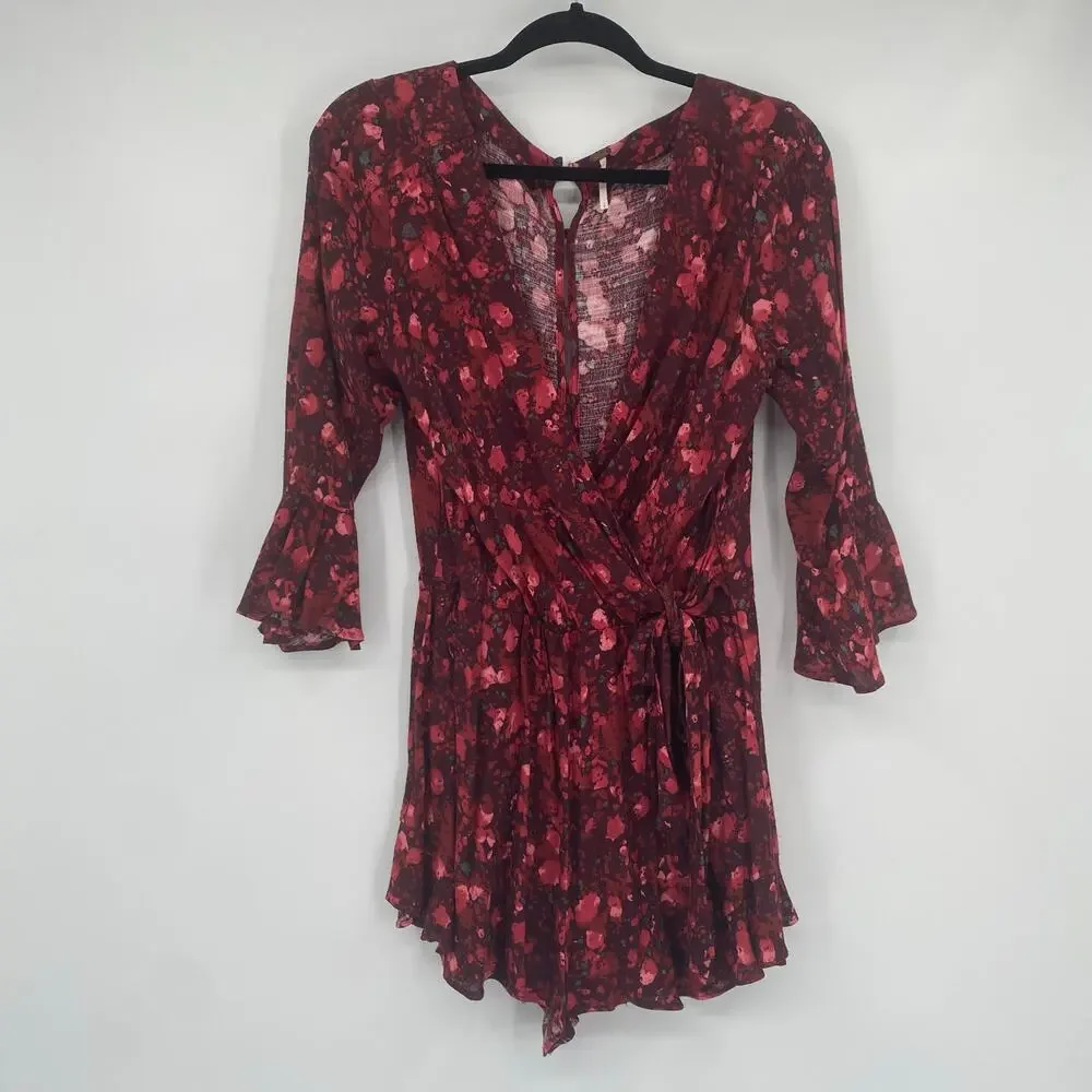 Free People Women's Berry Burgundy All The Right Ruffles Romper Size Small